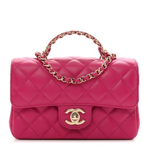 Lambskin Quilted Mini Crystal Top Handle Rectangular Flap Dark Pink
