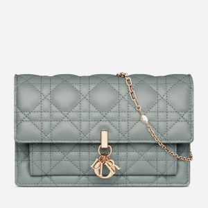 Dior Lady Dior Chain Pouch In Grey Cannage Lambskin