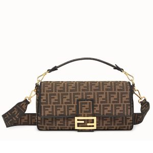 Fendi Baguette Large Bag In FF Fabric With Black Trim