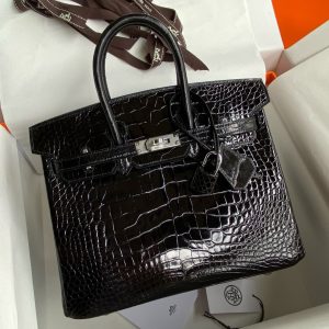 Hermes Birkin 25 Retourne Handmade Bag In Black Shiny Alligator Leather
