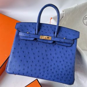 Hermes Birkin 25 Retourne Handmade Bag In Blue Zellige Ostrich Leather